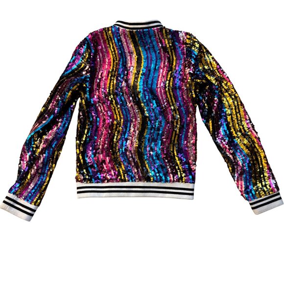Mia New York Multicolor Sequin Bomber Jacket Girls M Striped Ribbed Trim Zipper - Picture 3 of 3